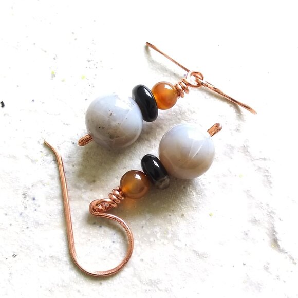 Semi-Precious Short Stack - Fall Dangle Earrings - Handmade Copper Earhooks - Picture 4 of 8